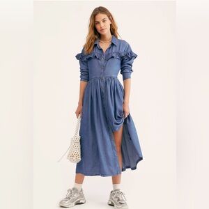 Free People Chambray Midi Montana Sunset Ruffle Dress  Pockets  Size M